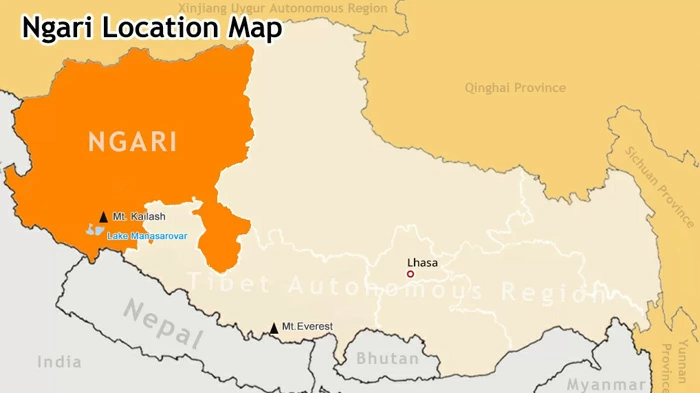 Ngari is located in the far west of Tibet on the map