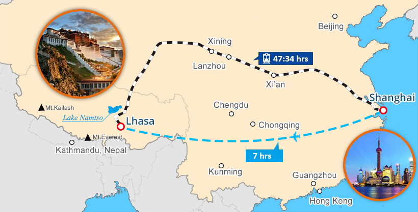 Shanghai and Tibet Tour Map