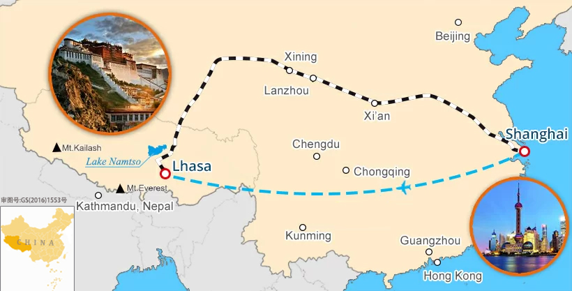 Shanghai and Tibet Tour Map