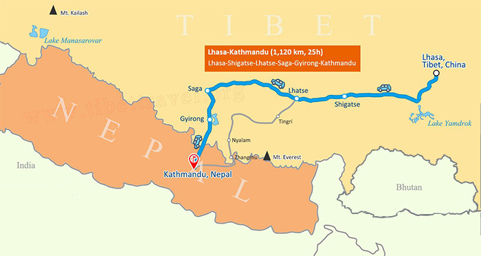 Tibet and Nepal travel route map