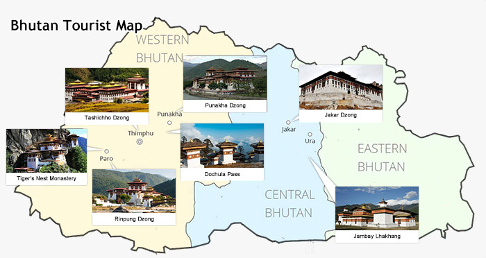Map of Major tourist attractions in Bhutan