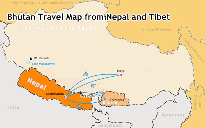 Flight is the easiest way to travel amid Tibet, Nepal and Bhutan