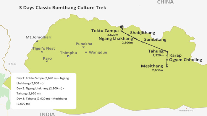 Map of short Bumthang Culture Trek