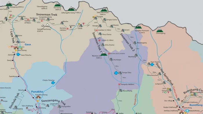 Route Map for the Most Arduous Snowman Trek in Bhutan