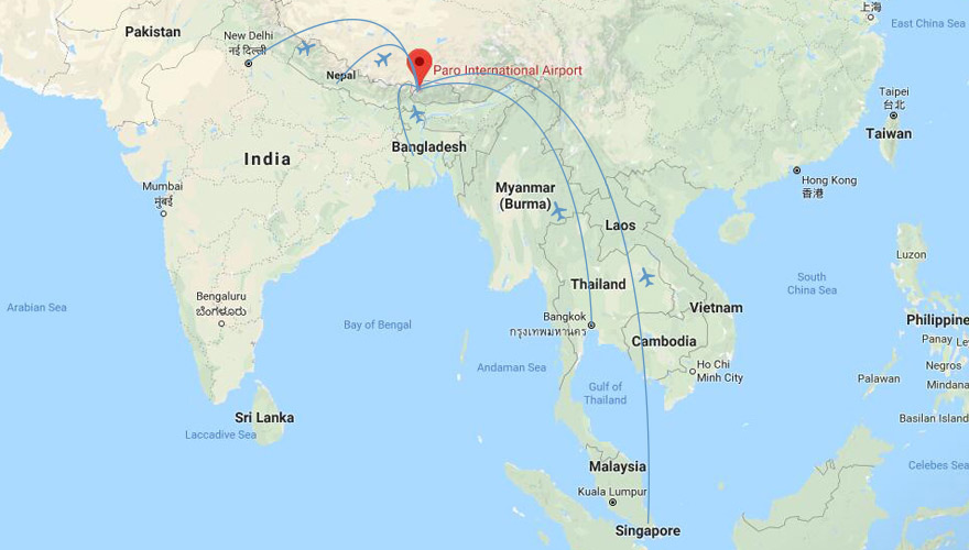 Direct flights to Bhutan from Nepal, India, Bangladesh, Thailand and Singapore