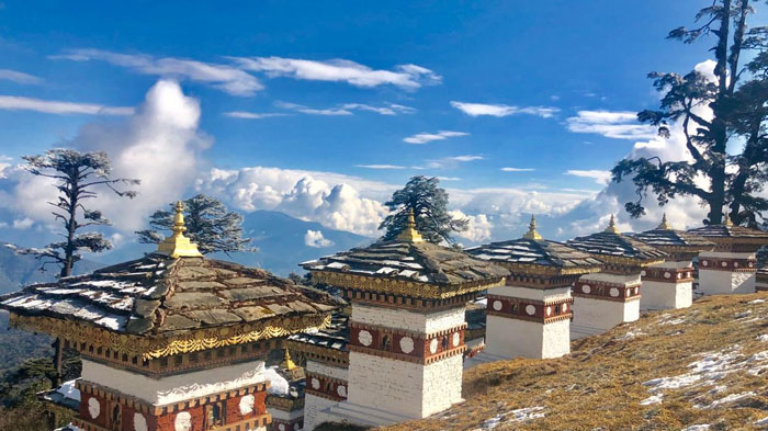 Winter Dochula Pass with charming stupas or chortens and deep-blue sky