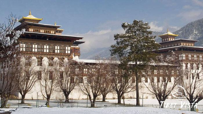 Snowy Tashichho Dzong in Thimphu in December