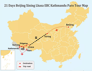 21 Days Beijing Xining Lhasa EBC Nepal Bhutan Tour Map