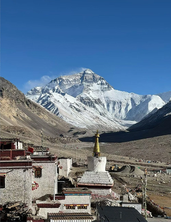 Mount Everest and Rongbuk Monastery view