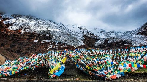 Korola Glacier and Praying Flags on the Roadside