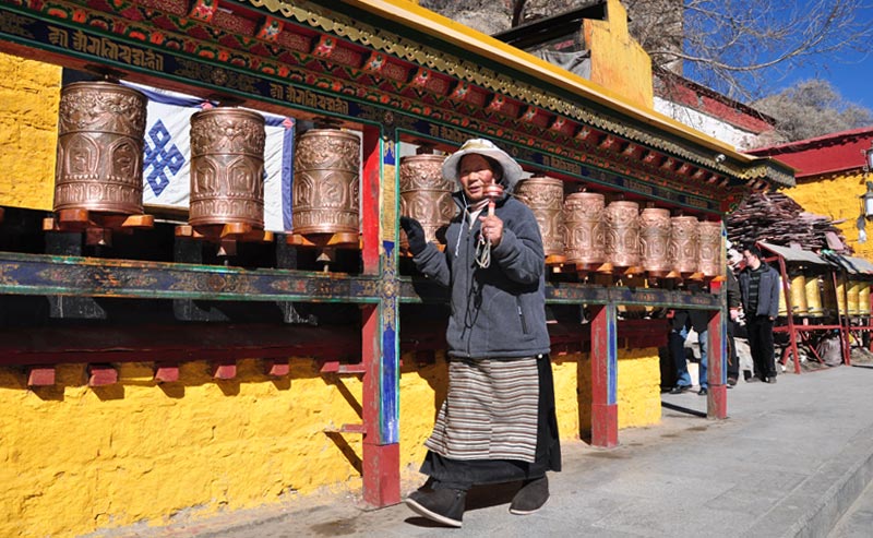 Local Tibetan Pilgrims Spinning Prayer Wheels