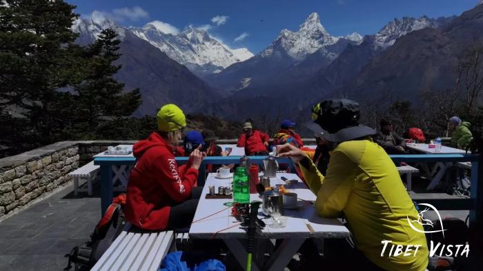Guests enjoy a breakfast at Everest View Hotel with stunning view