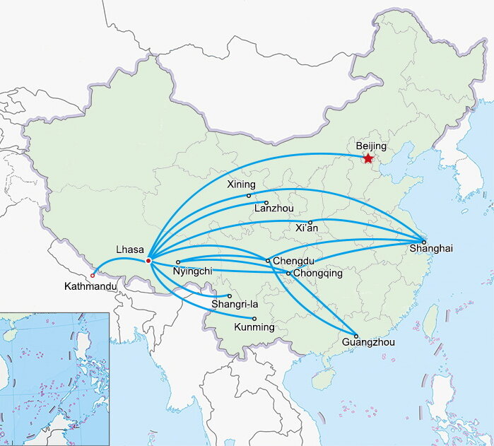 Tibet Lhasa flight map