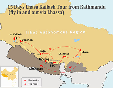 15 Days Lhasa Mt. Kailash Yatra Flight Tour Map