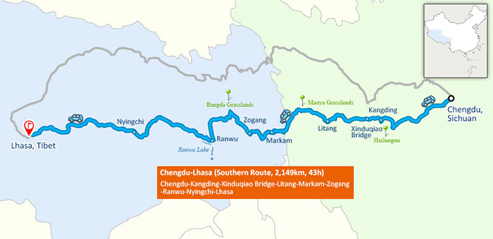 Chengdu to Lhasa via G318 National Highway road map