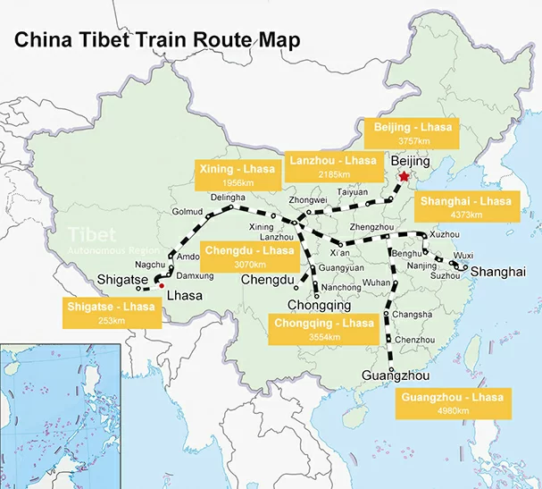 All the direct train routes to Lhasa from major cities across China