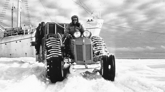 Edmund Hillary on a tractor in South Pole