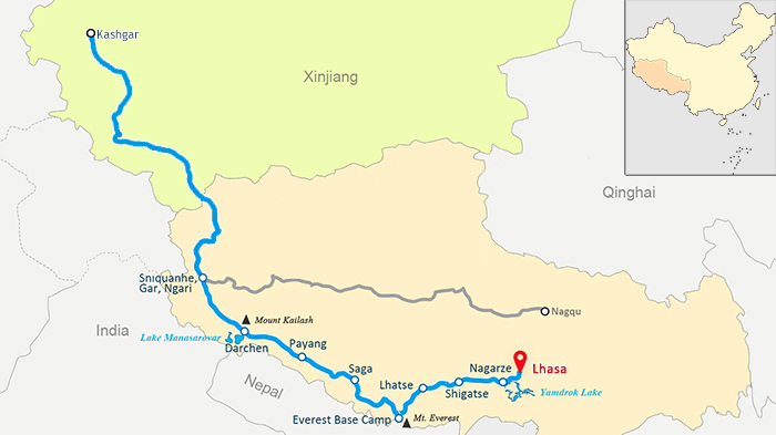 Kashgar to Lhasa by road Map