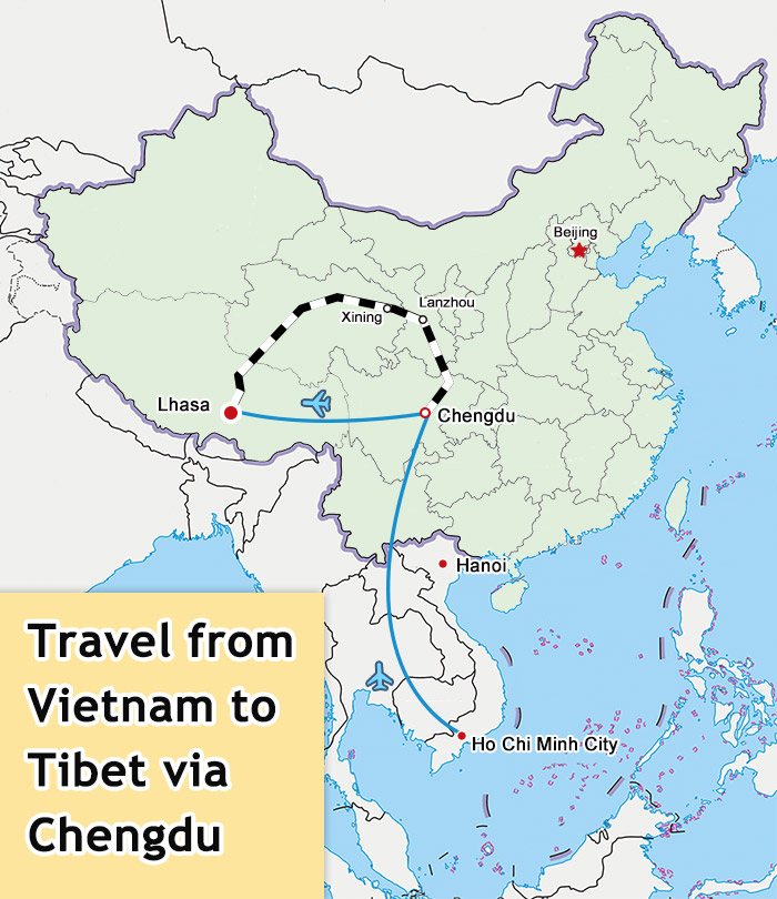 Vietnam to Tibet via Chengdu Travel Map