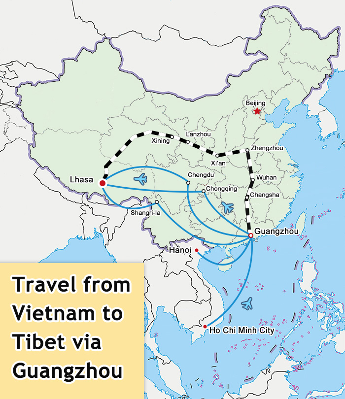 Vietnam to Tibet via Guangzhou Travel Map