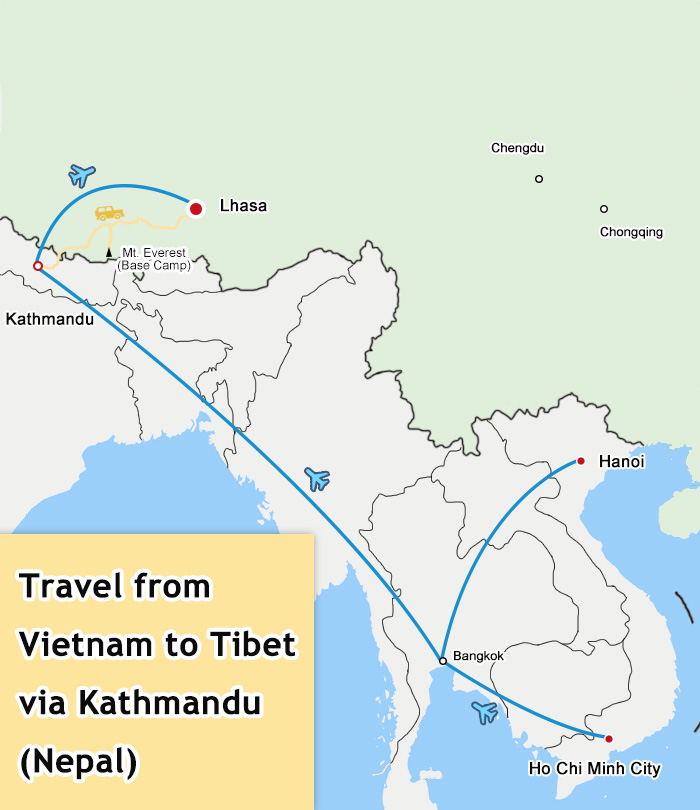 Vietnam to Tibet via Nepal Travel Map