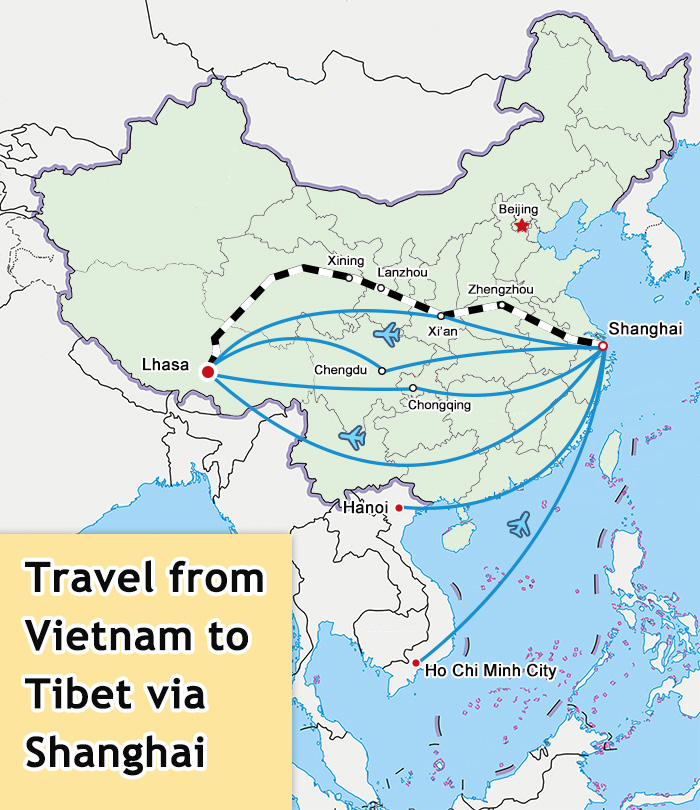 Vietnam to Tibet via Shanghai Travel Map