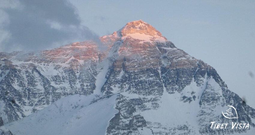 The unobstructed north face of Mount Everest at sunset