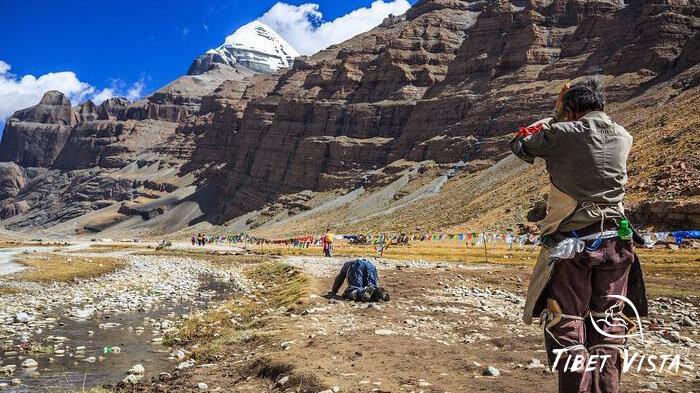 Local Tibetan pilgrims performing Kora around Mount Kailash