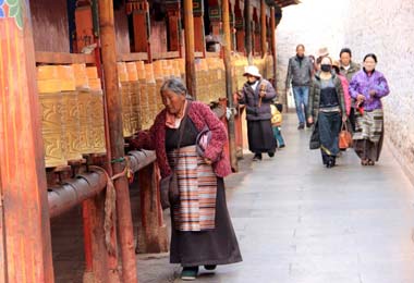 Tibetan pilgrims and prayer wheels in Ramoche Temple