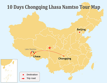 10 Days Highlights of Chongqing and Lhasa to Sacred Namtso Tour Map