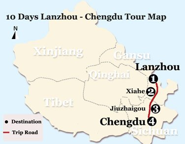 10 Days Lanzhou - Chengdu Tour Map