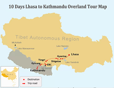 10 Days Tibet to Nepal Tour Map