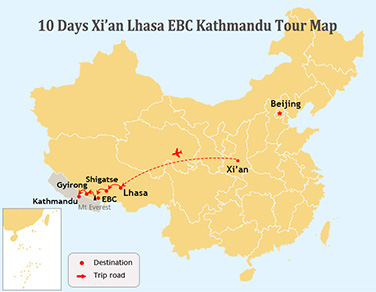 10 Days Xi’an to Lhasa and EBC and Kathmandu Tour Map