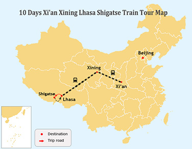 10 Days Xi’an to Lhasa and Shigatse Tour Map