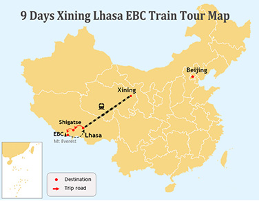 10 Days Xining and Tibet Tour Map
