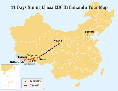 10 Days Xining to Lhasa and EBC Kathmandu Tour Map