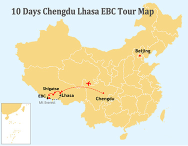 10 Days Chengdu and Lhasa to EBC Tour Map