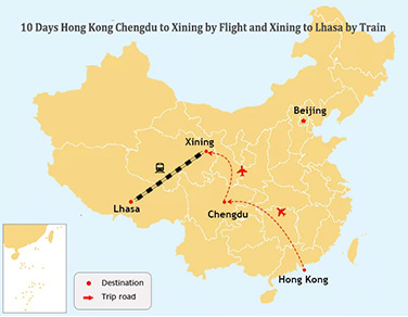 10 Days Hongkong Chengdu Xining Tibet Tour Map