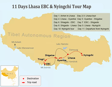 11 Days Best of Tibet Tour Map