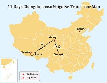 11 Days Chengdu and Lhasa Tour Map