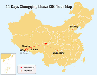11 Days Classic Chongqing and Lhasa to EBC Tour Map