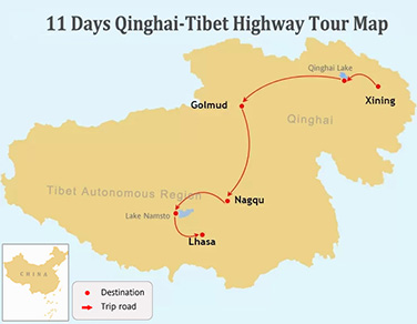 11 Days Qinghai-Tibet Highway Tour Map 
