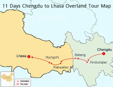 11 Days Sichuan Highway to Tibet Tour Map 