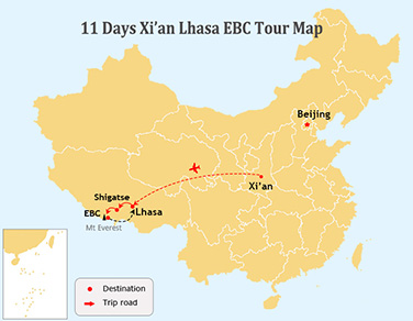 11 Days Xi’an to Lhasa and EBC Tour Map