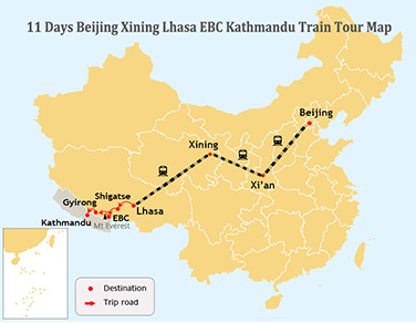 11 Days Beijing Lhasa Kathmandu Train Tour Map