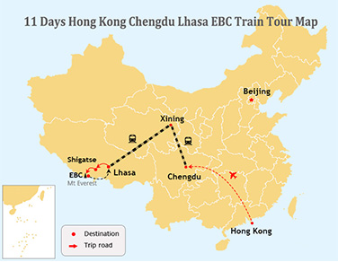 11 Days Hongkong Chengdu Tibet Tour Map
