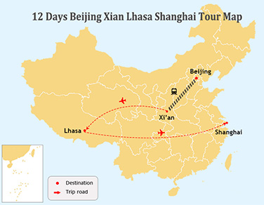 12 Days Beijing Xian Lhasa Shanghai Tour Map