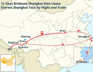 12 Days Brisbane Shanghai Xian Lhasa Everest Shanghai Tour by Flight and Train