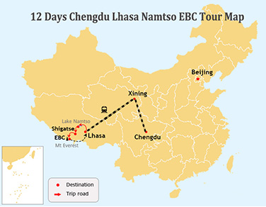 12 Days Chengdu-Tibet Train Tour Map