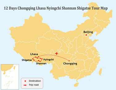 12 Days Chongqing and Lhasa to Nyingchi and Tsedang Tour Map